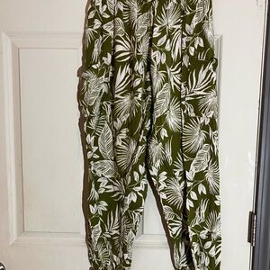 Green Leaf Print Harem Pants